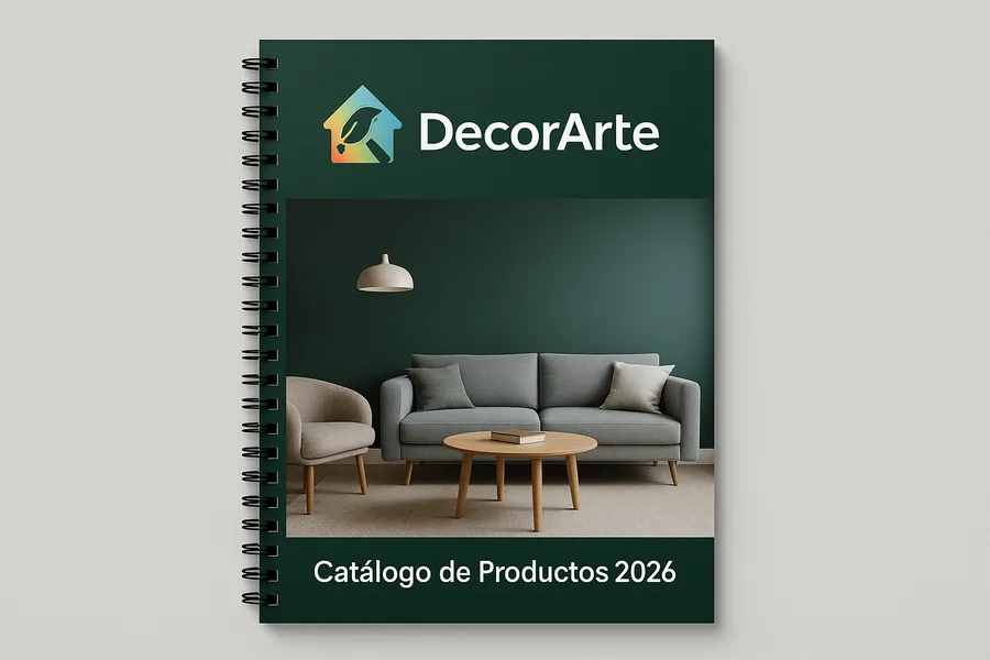 Catálogo de productos de mobiliario con encuadernación Wire-O negra y cubierta verde oscuro