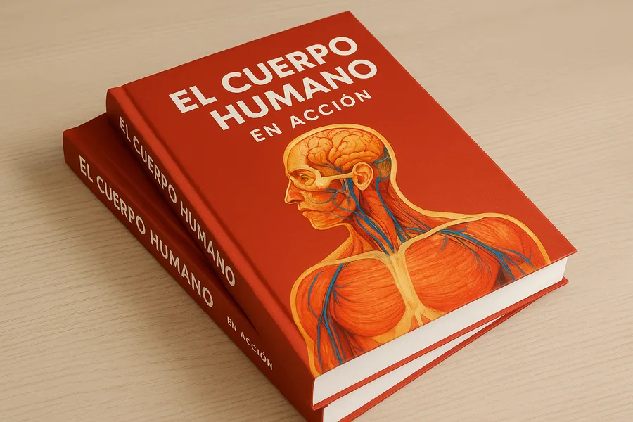 Dos manuales de anatomía en español con tapa dura roja, título impreso en la cubierta y en el lomo