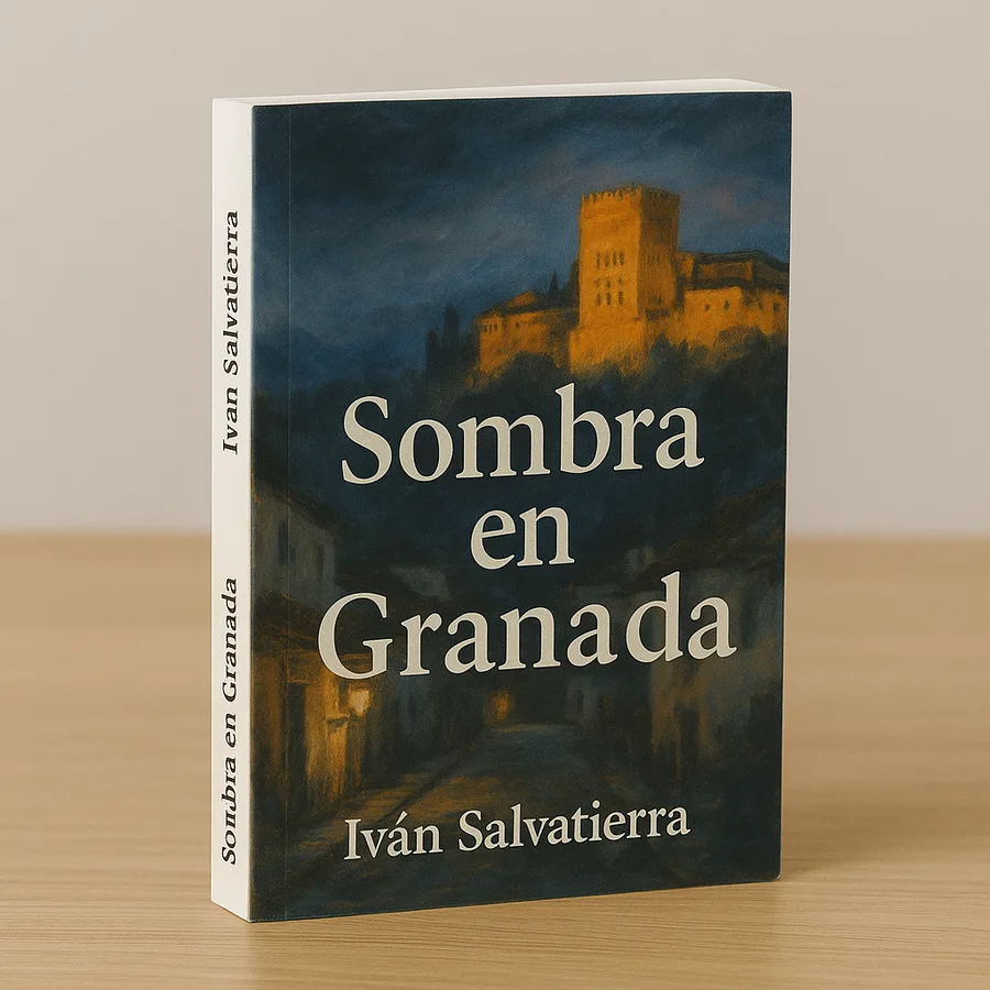 Novela en rústica con cubierta ilustrada de la Alhambra de Granada de noche, título y autor impresos en el lomo