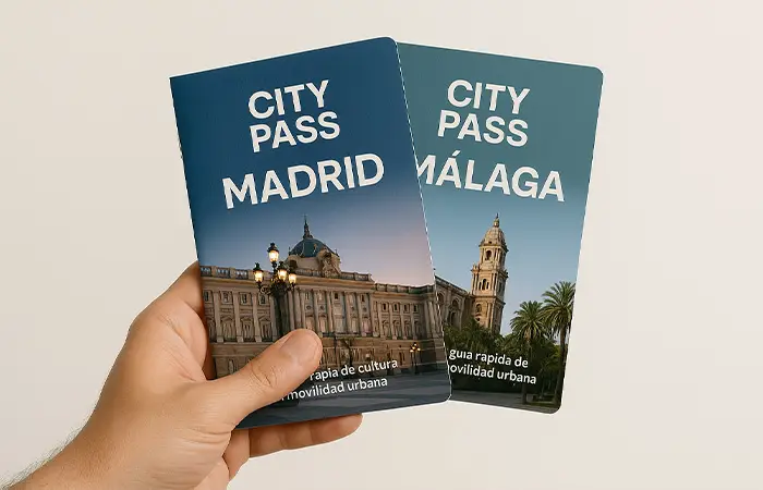 Two A6 portrait city guide booklets held in one hand, showing the pocket size of the format