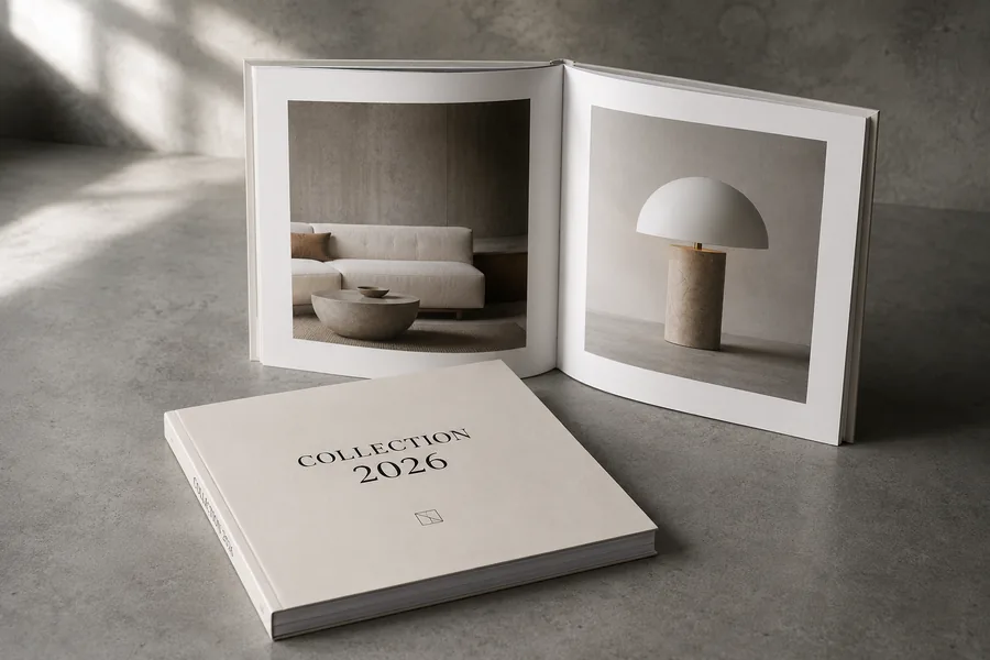Catalogue de collection au format carré ouvert sur des photos pleine page, couverture sobre au premier plan