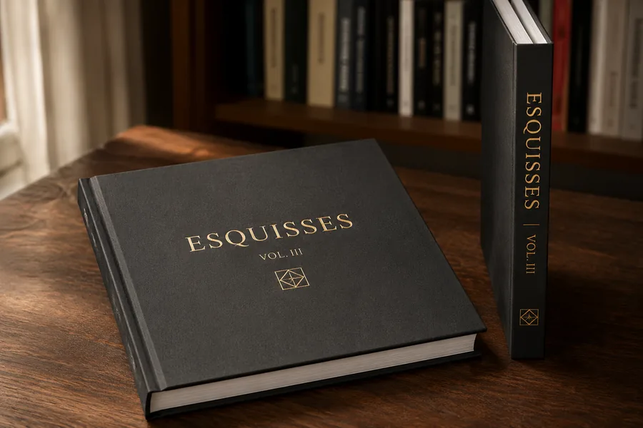 Livre à couverture rigide noire posé sur une table devant une bibliothèque