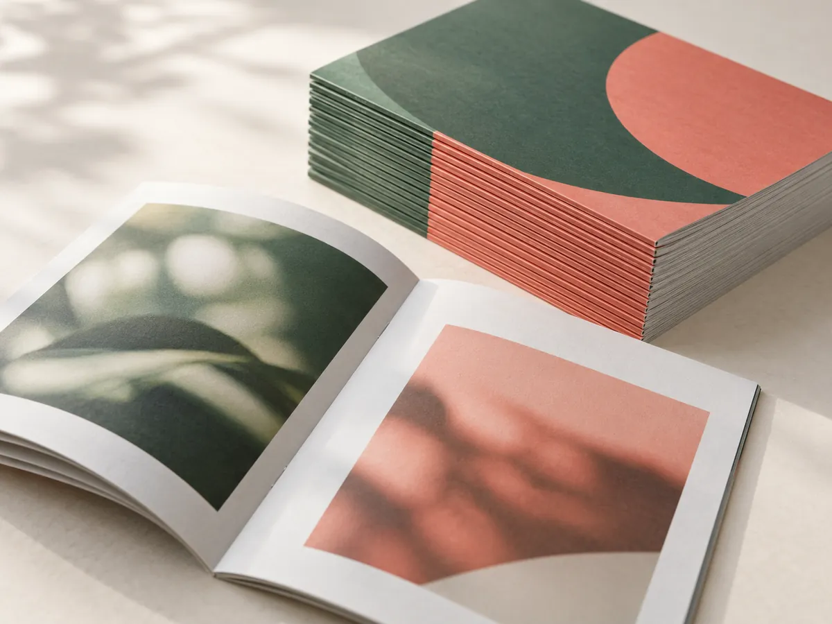 Open saddle-stitched brochure in front of a stack of printed brochures